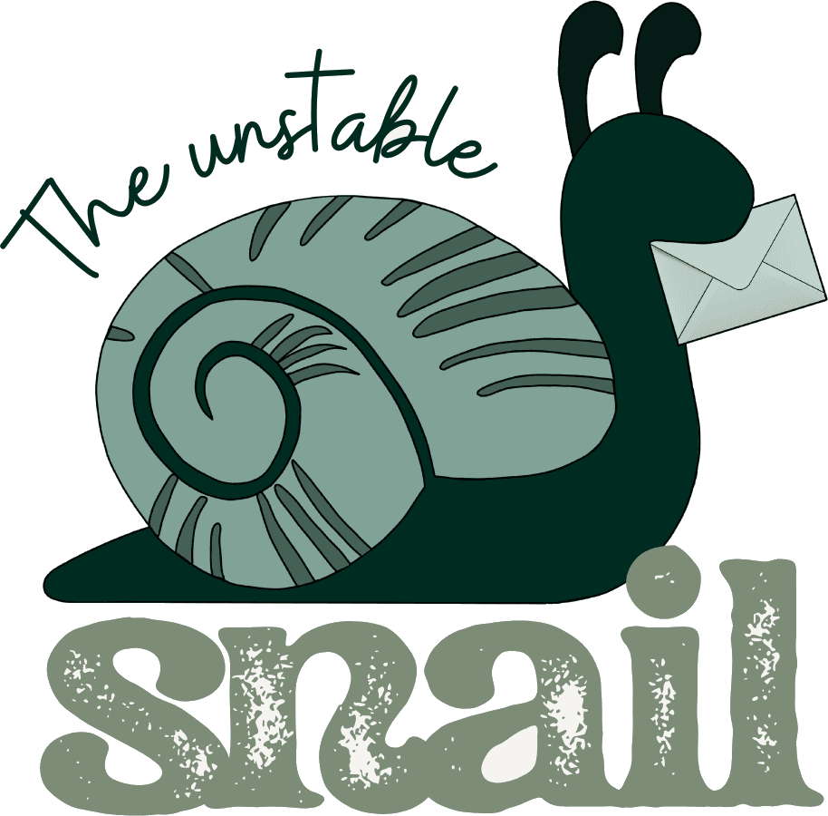The Unstable Snail mascot — a sage-green snail carrying an envelope